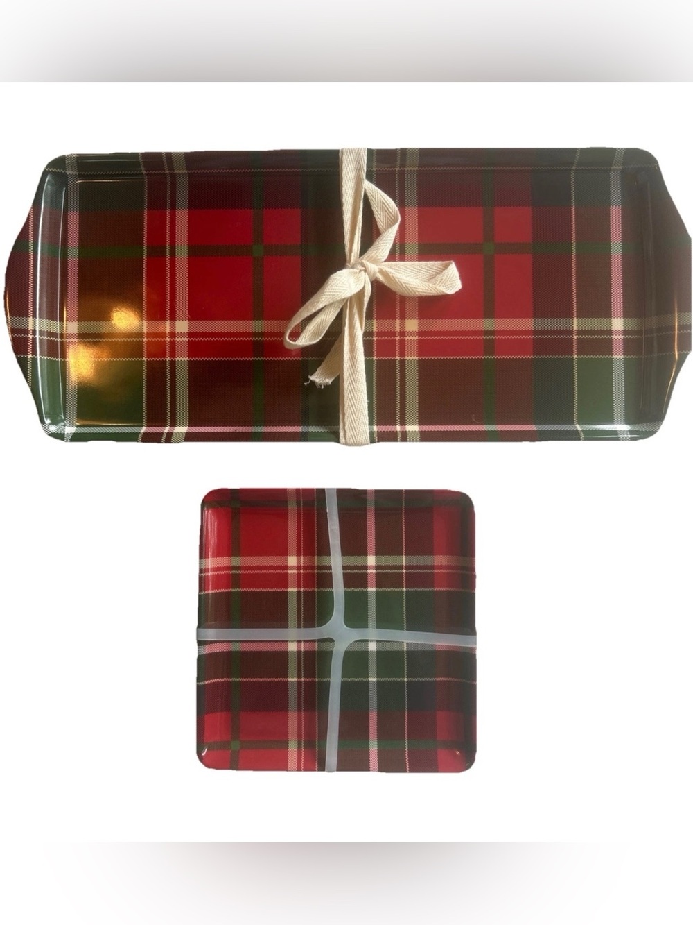 Tommy Bahama Melamine Serving Set 6 App plates & 2 Trays Holiday Plaid Tartan
